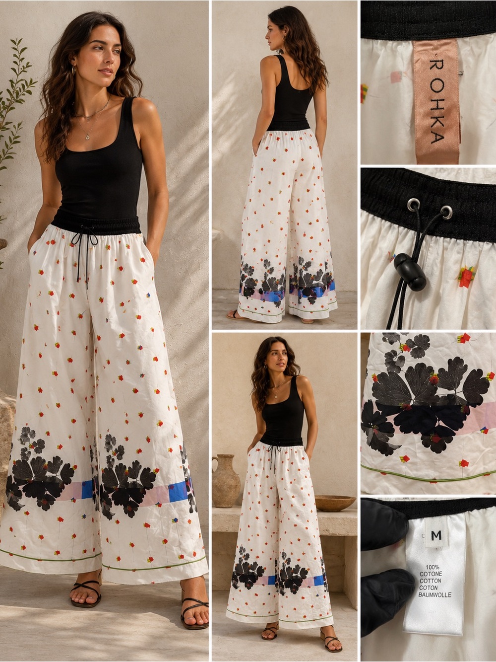 Rohka Wide Leg Palazzo Pants Women’s Medium Abstract Floral Print Black/White